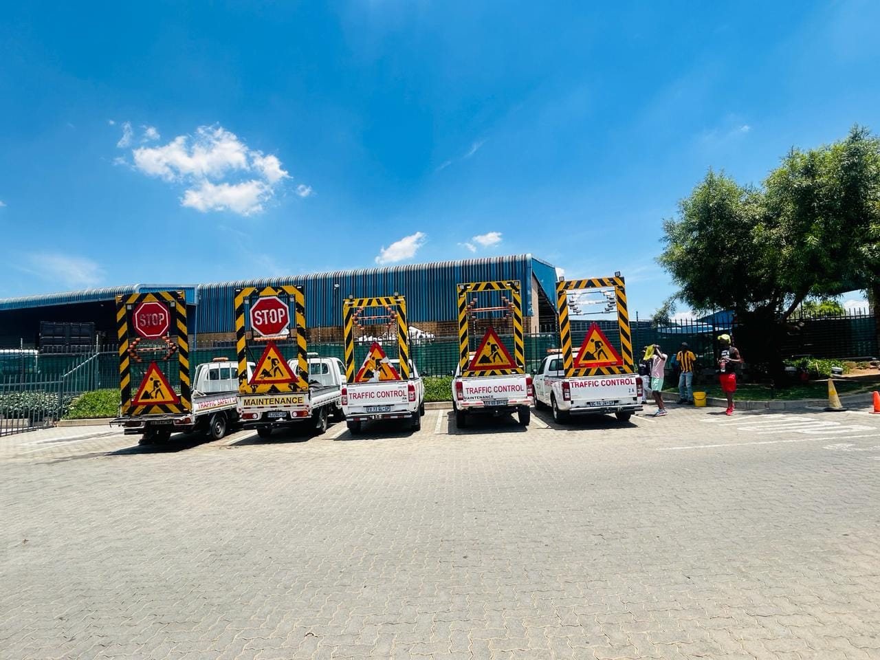 Fleet of traffic control and maintenance vehicles at the depot